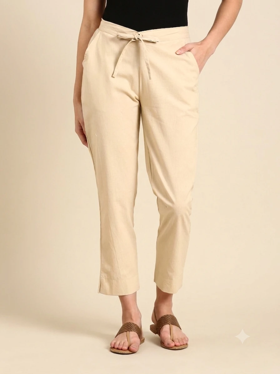 Plazo Paints, Women's Solid Sand Beige Pure Cotton Tapered Trousers with Front Drawstring Waist & Side Slits