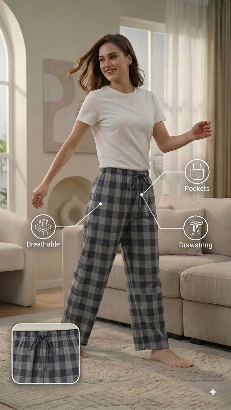 Women's Regular Fit Premium Lower Pyjama, Comfortable Day & Night Bottom Sleepwear, Black Grey Check 100% Pure Cotton, Soft & Breathable Eco-Friendly Oxford Fabric, Casual Style Regular Fit With Elasticated Waistband with Drawstring, Side Pockets