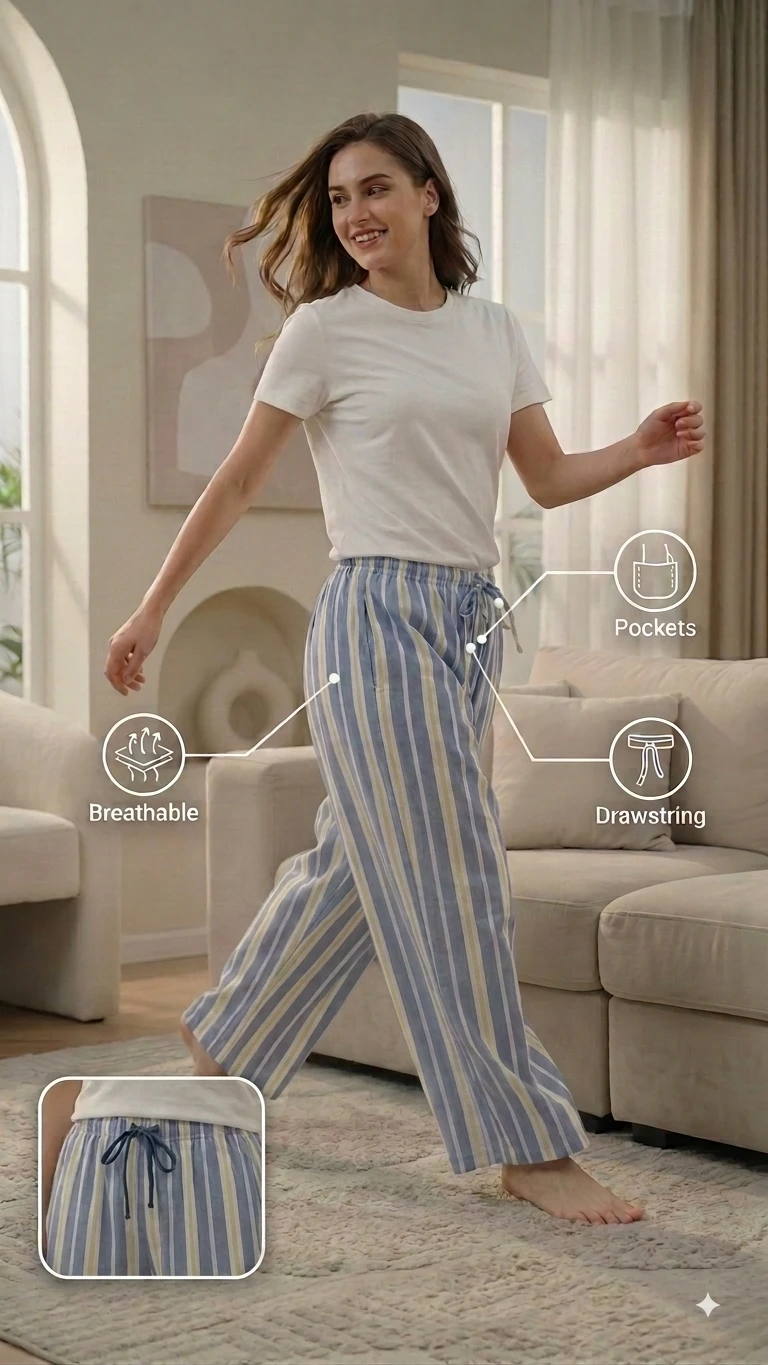 Women's Regular Fit Premium Lower Pyjama, Comfortable Day & Night Bottom Sleepwear, Multi colour Yellow Line100% Pure Combed Cotton, Soft & Breathable Eco-Friendly Oxford Fabric, Casual Style Regular Fit With Elasticated Waistband with Drawstring,