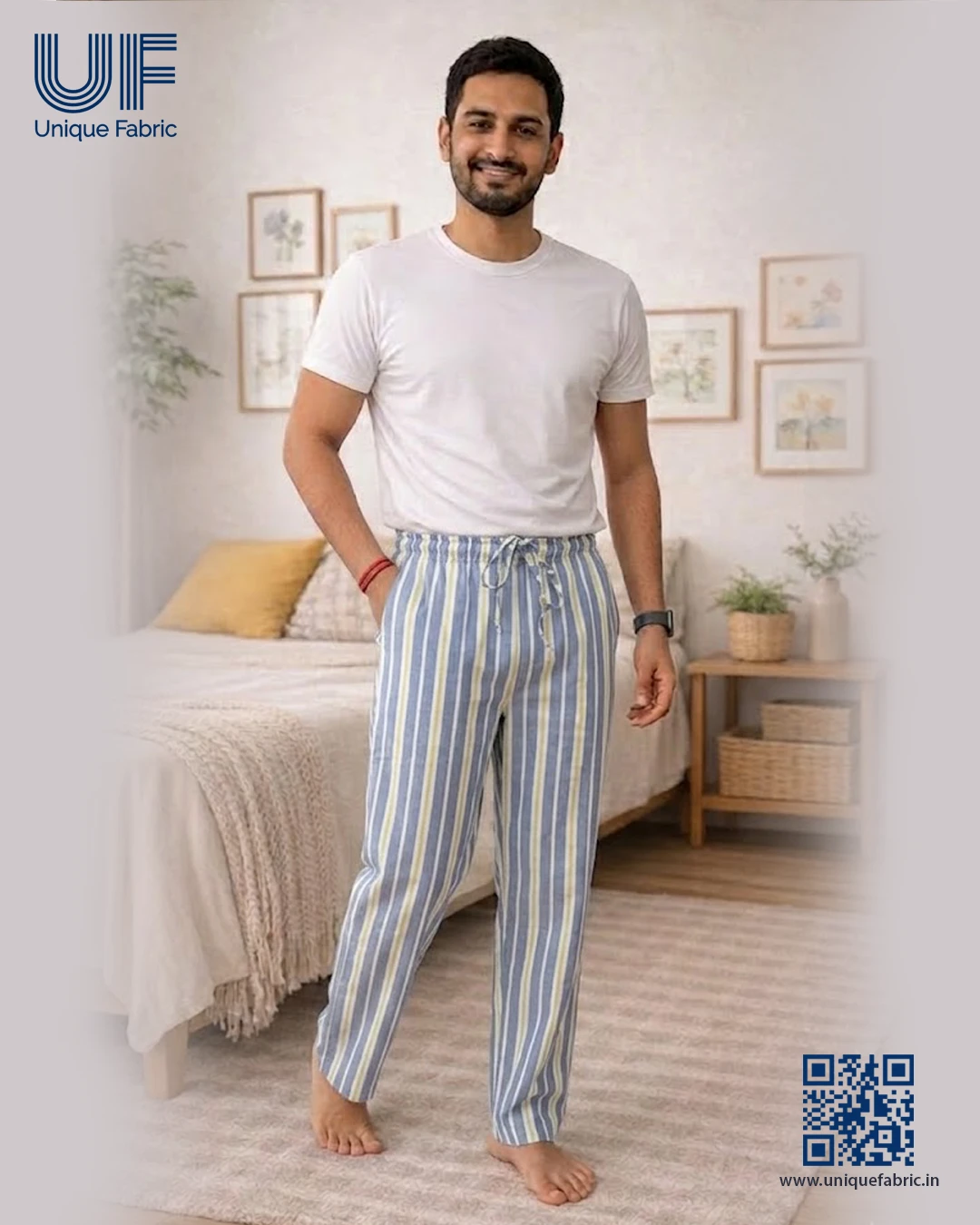 Men's Regular Fit Premium Lower Pyjama, Comfortable Day & Night Bottom Sleepwear, Multi colour Yellow Line100% Pure Combed Cotton, Soft & Breathable Eco-Friendly Oxford Fabric, Casual Style Regular Fit With Elasticated Waistband with Drawstring,