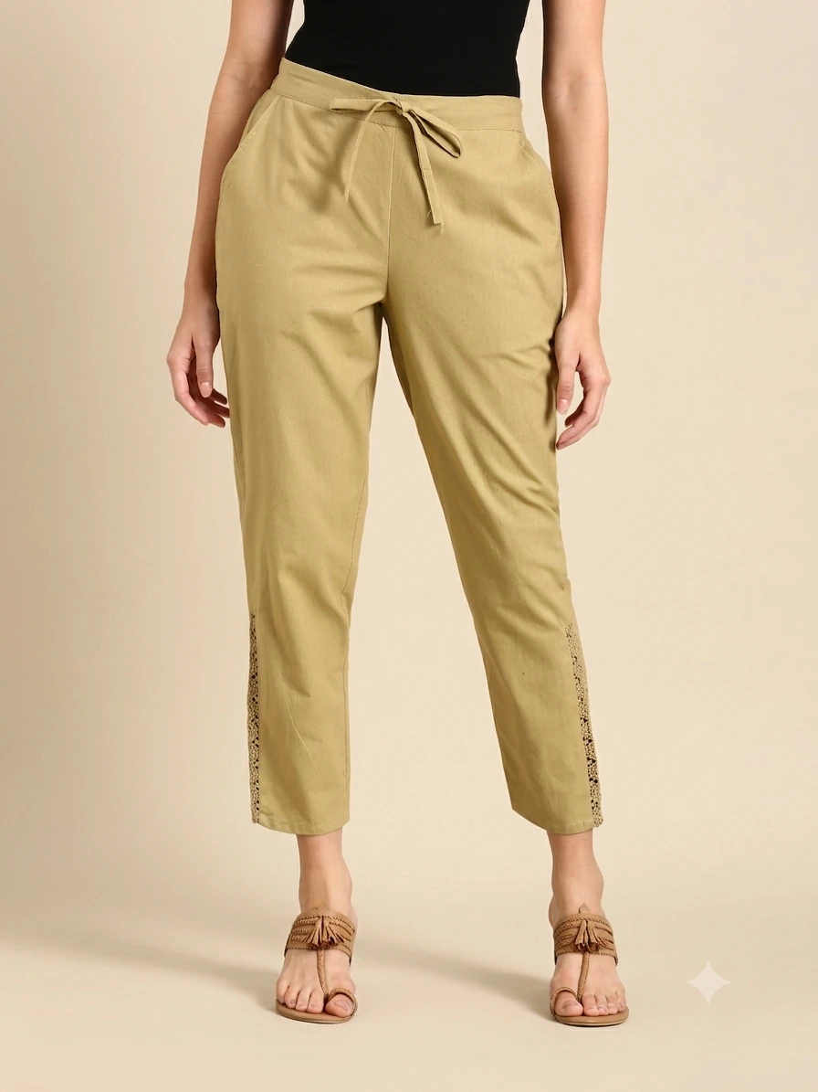 Plazo Pants Women's Earthy Beige Pure Cotton Tapered Trousers with Side Lace Accents & Drawstring Waist