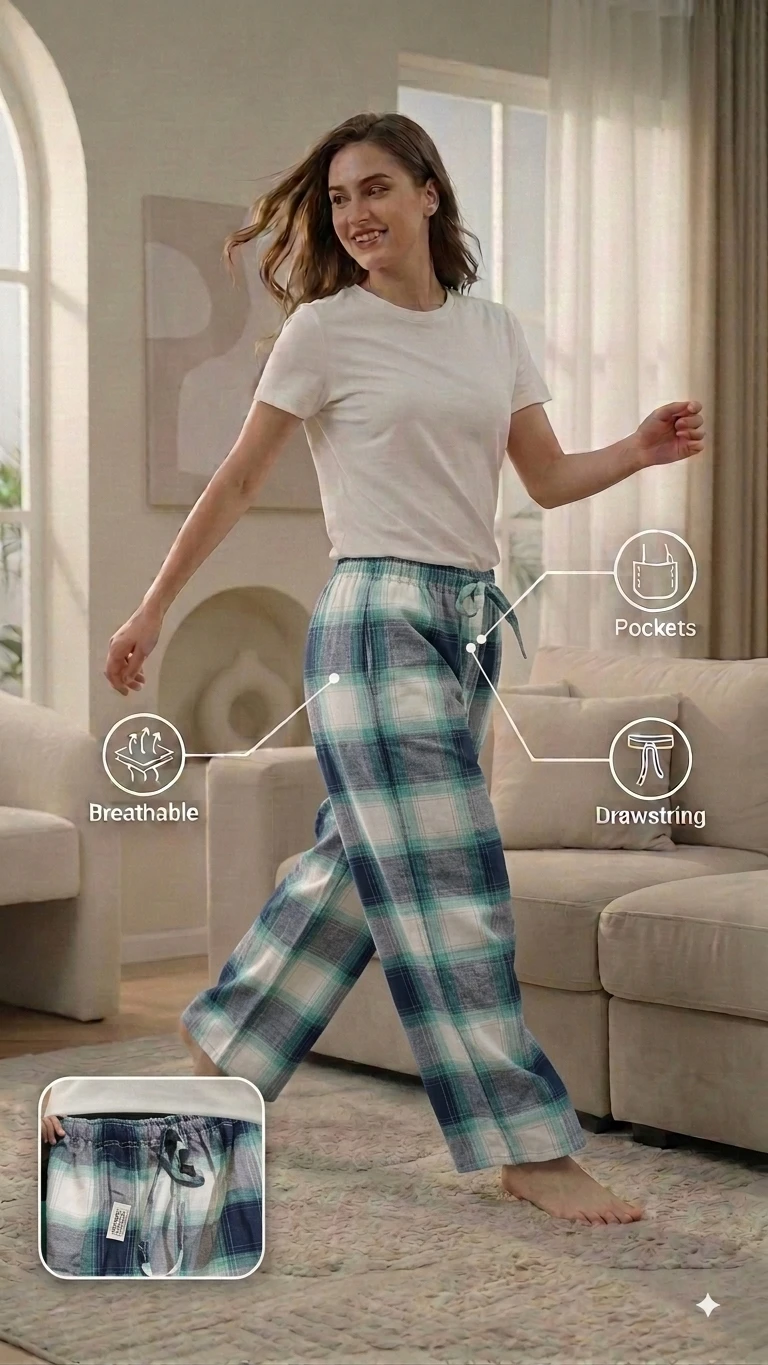 Women's Regular Fit Premium Lower Pyjama, Comfortable Day & Night Bottom Sleepwear, Green & White Check 100% Pure Cotton, Soft & Breathable Eco-Friendly Twill Fabric, Casual Style Regular Fit With Elasticated Waistband with Drawstring, Side Pocket