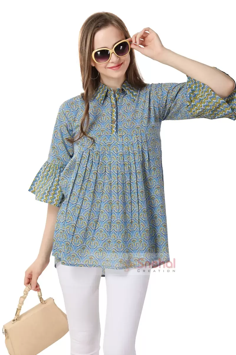 Designer Short Tunic Kurti Charming Chic Blue Short Top, 100% Pure Cotton, Indian Designer Short Tunic