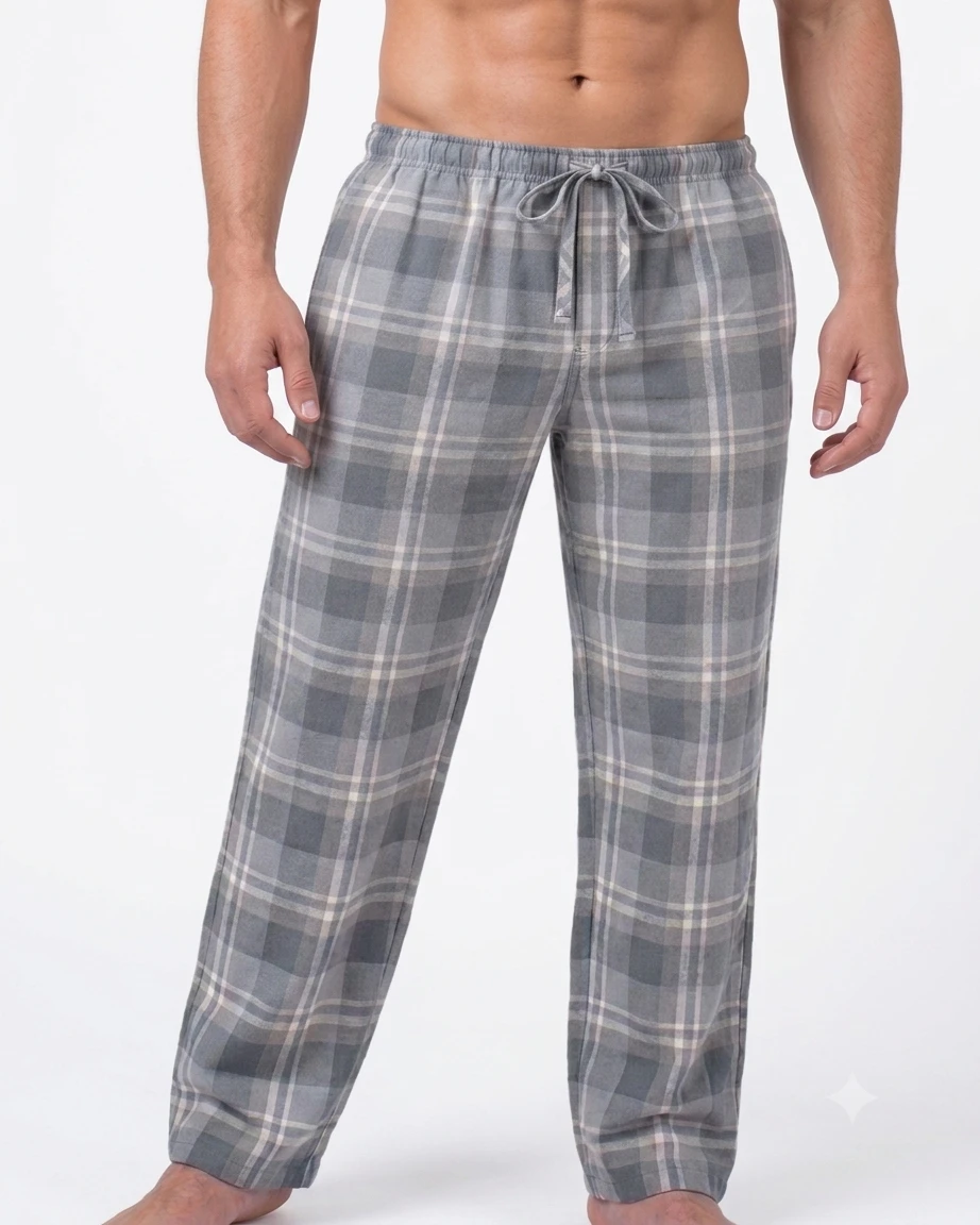 Men's Regular Fit Premium Lower Pyjama, Comfortable Day & Night Bottom Sleepwear, Grey Check 100% Pure Cotton, Soft & Breathable Eco-Friendly Oxford Fabric, Casual Style Regular Fit With Elasticated Waistband with Drawstring, Side & Back Pocket