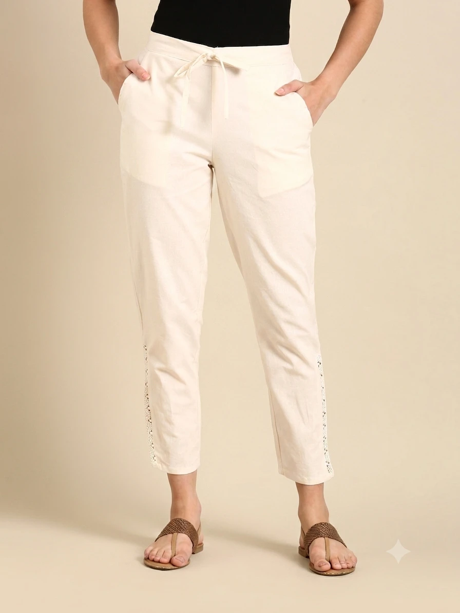 Plazo PantsWomen's Cream-Beige Pure Cotton Tapered Trousers with Side Lace Accents & Drawstring Waist