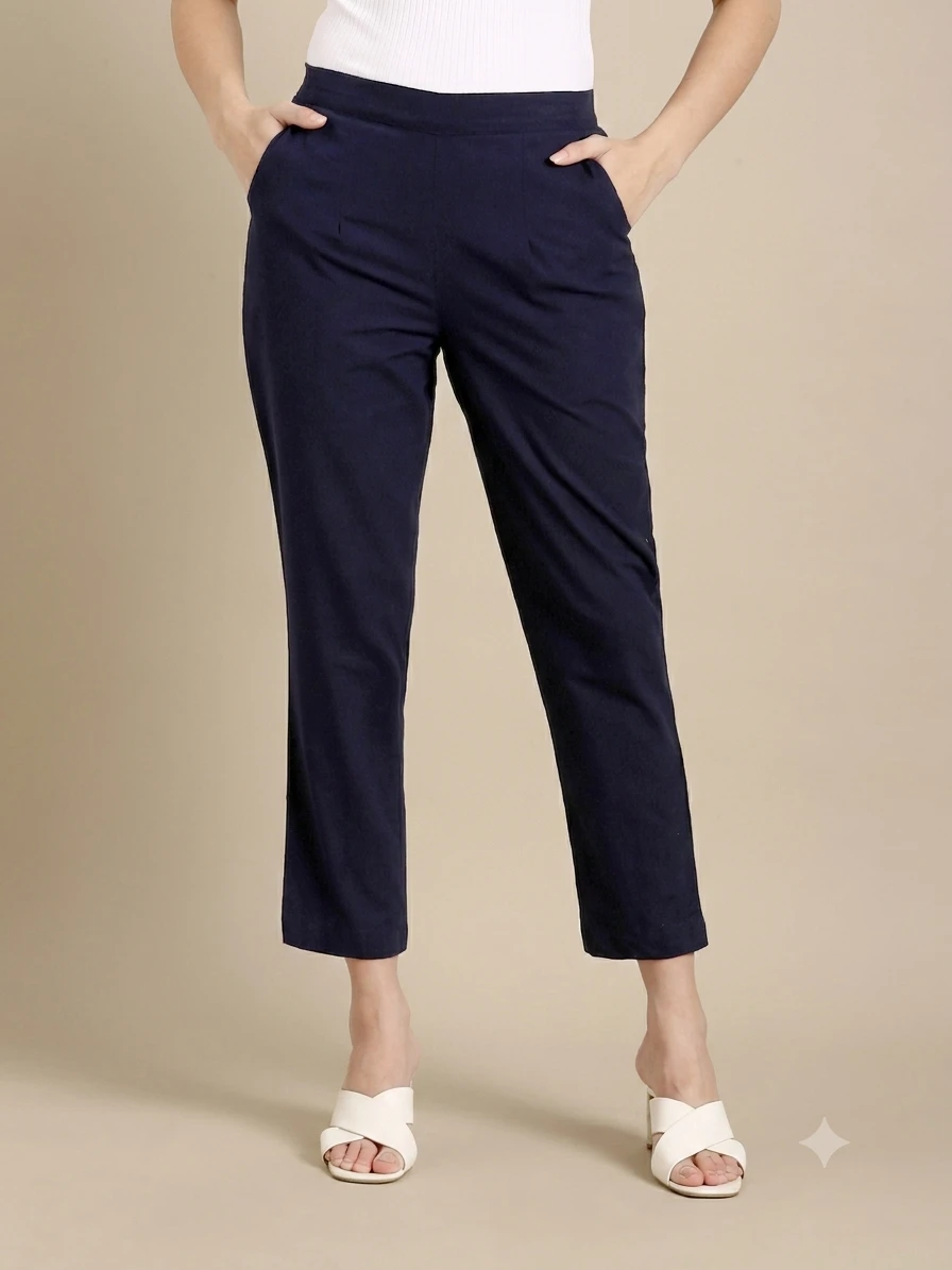 Plazo Pants Women's Navy Blue Pure Cotton Flat-Front Tapered Trousers with Side Pockets