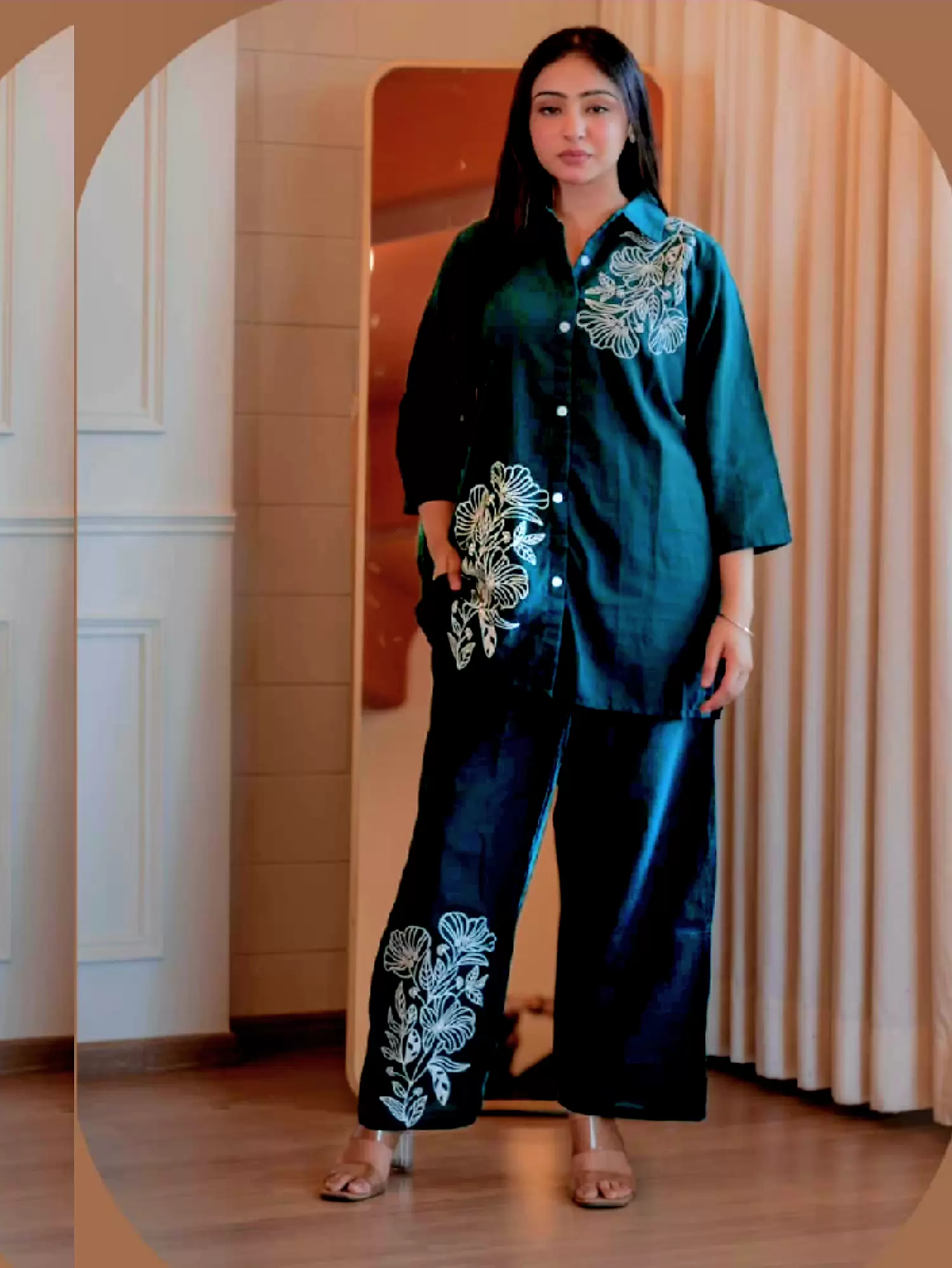 Pure Slub Cotton Co Ord Set With Beautiful Embroidery, Solid Green Teal Color 100% Pure Slub Cotton, Co Ord Set, Top as well as bottom