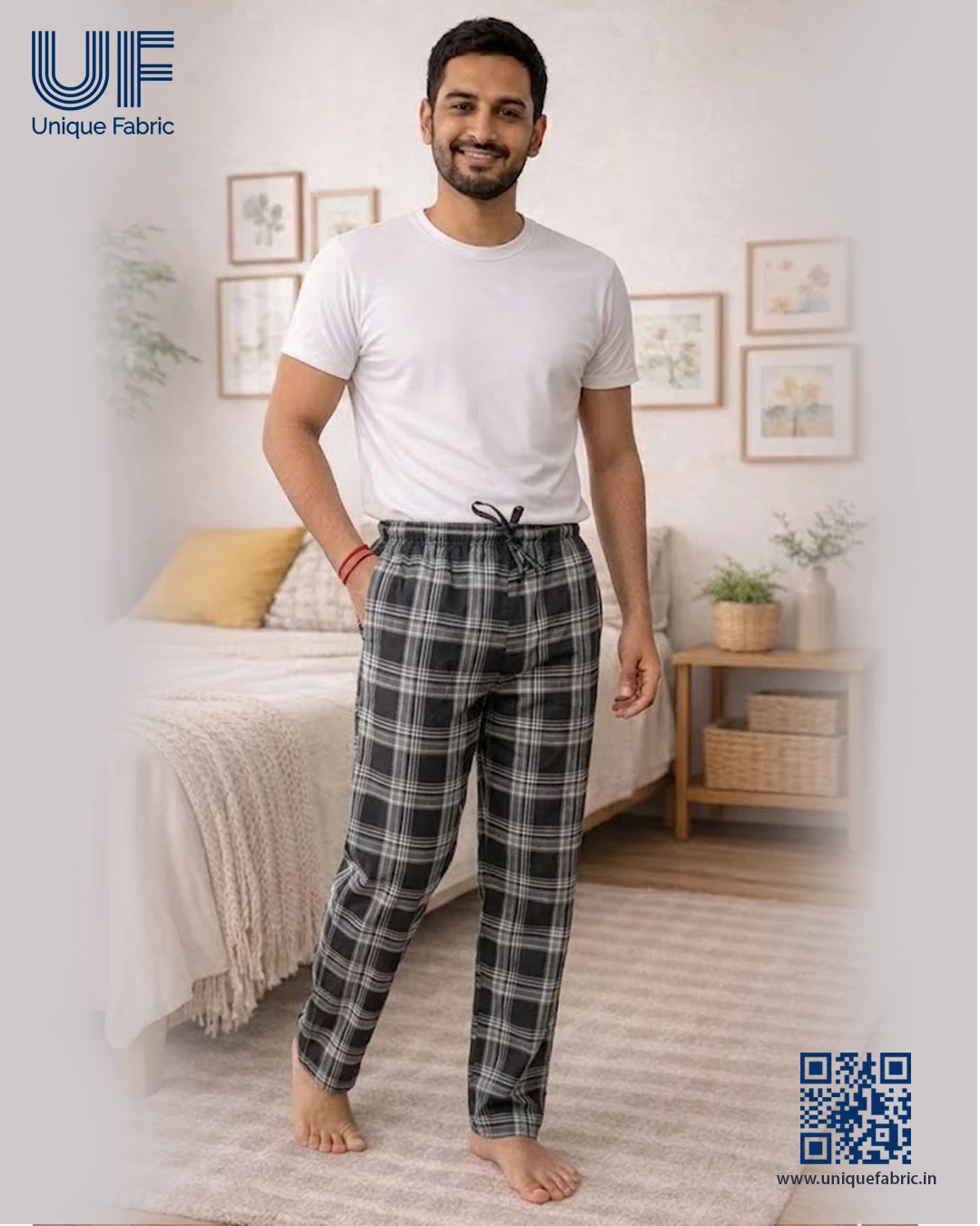 Men's Regular Fit Premium Lower Pyjama, Comfortable Day & Night Bottom Sleepwear, Black Check 100% Pure Cotton, Soft & Breathable Eco-Friendly Twill Fabric, Casual Style Regular Fit With Elasticated Waistband with Drawstring, Side & Back Pocket