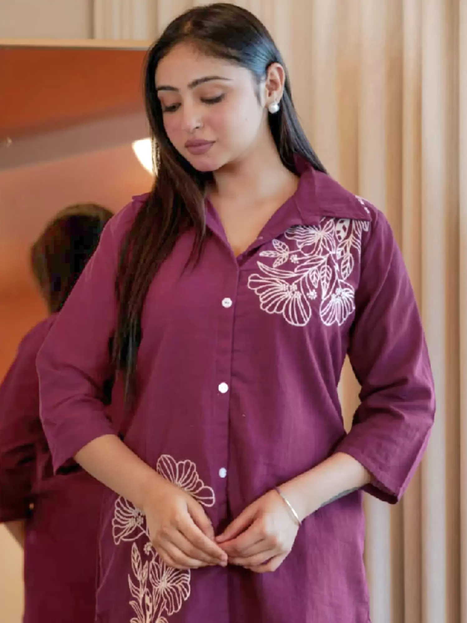 Pure Slub Cotton Co Ord Set With Beautiful Embroidery, Solid Wine Color 100% Pure Slub Cotton, Co Ord Set, Top as well as bottom