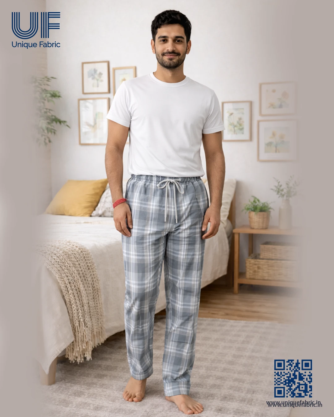 Men's Regular Fit Premium Lower Pyjama, Comfortable Day & Night Bottom Sleepwear, Grey Check 100% Pure Cotton, Soft & Breathable Eco-Friendly Oxford Fabric, Casual Style Regular Fit With Elasticated Waistband with Drawstring, Side & Back Pocket