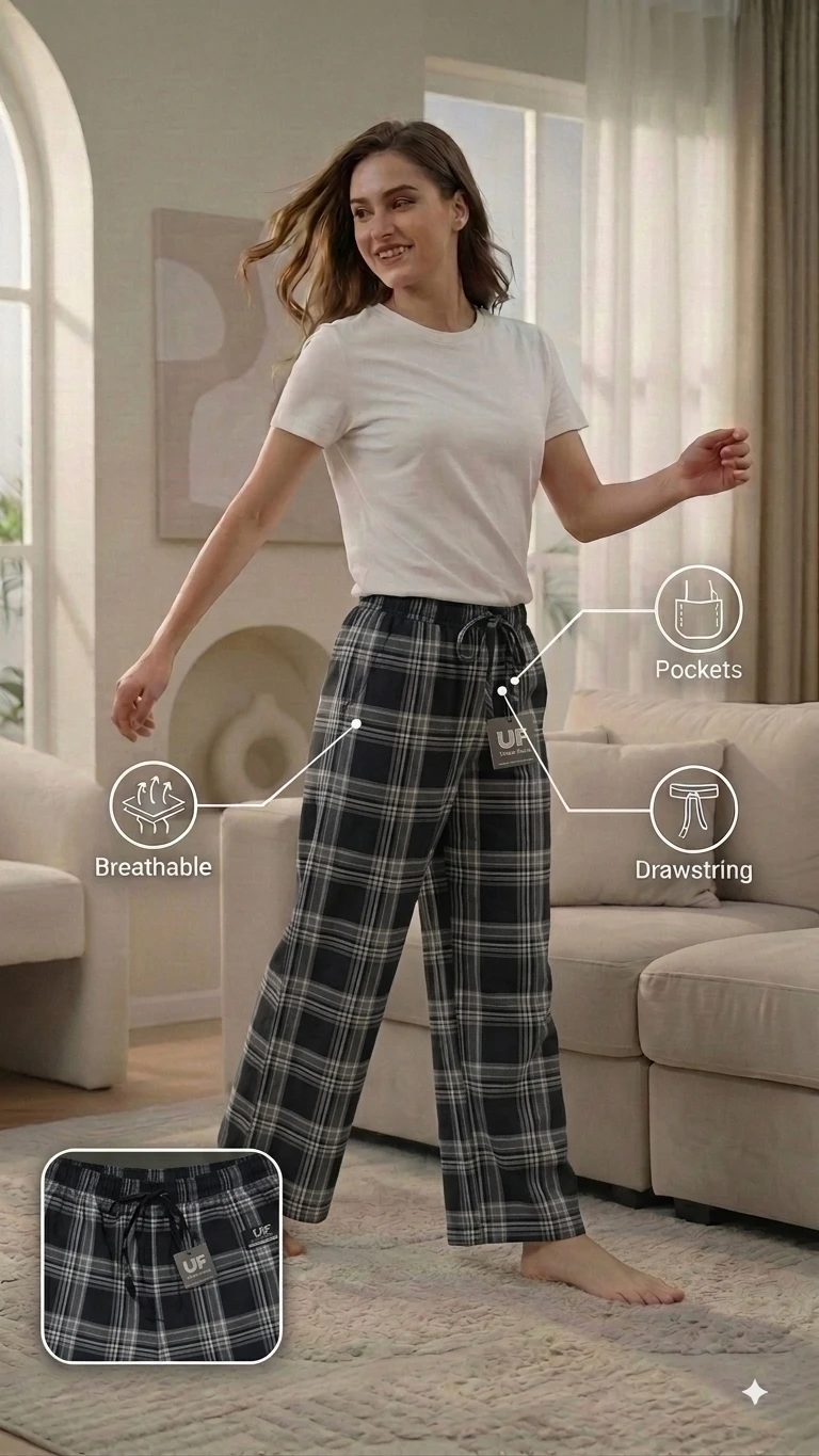Women's Regular Fit Premium Lower Pyjama, Comfortable Day & Night Bottom Sleepwear, Black Check 100% Pure Cotton, Soft & Breathable Eco-Friendly Twill Fabric, Casual Style Regular Fit With Elasticated Waistband with Drawstring, Side & Back Pocket