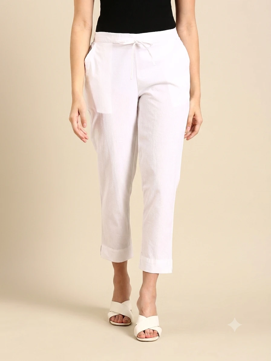 Plazo Pants Women's Solid White Pure Cotton Tapered Trousers with Front Drawstring Waist & Side Pockets
